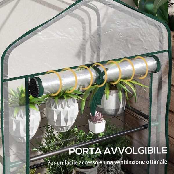 VivaGarden Mini Serra da Giardino con Copertura in PE 3 Ripiani e Porta Avvolgibile 59x39x127 cm Trasparente