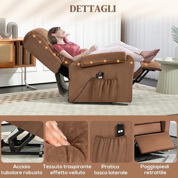 HOMCOM Poltrona Alzapersona Reclinabile a 160° con Poggiapiedi e Telecomando, in Tessuto Effetto Lino, 85x88x109 cm, Marrone