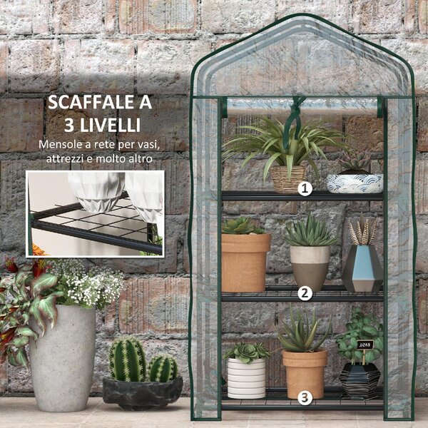 VivaGarden Mini Serra da Giardino con Copertura in PE 3 Ripiani e Porta Avvolgibile 59x39x127 cm Trasparente