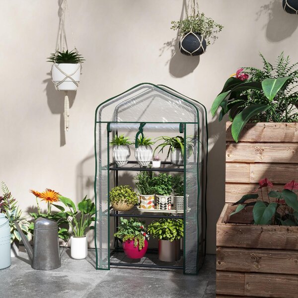 VivaGarden Mini Serra da Giardino con Copertura in PE 3 Ripiani e Porta Avvolgibile 59x39x127 cm Trasparente