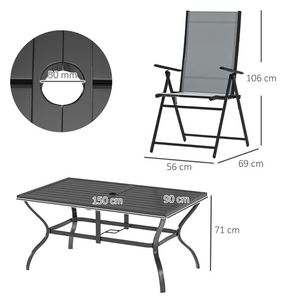 Outsunny Set da Giardino 7 Pezzi con Tavolo da Pranzo con Foro per Ombrellone e 6 Sedie Pieghevoli, Grigio