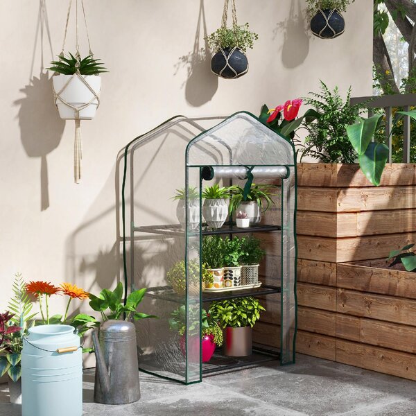 VivaGarden Mini Serra da Giardino con Copertura in PE 3 Ripiani e Porta Avvolgibile 59x39x127 cm Trasparente