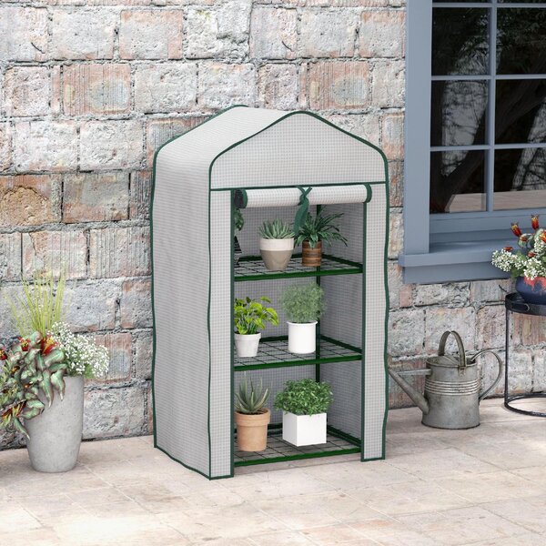 VivaGarden Mini Serra da Giardino con Copertura in PE 3 Ripiani e Porta Avvolgibile 59x39x127 cm colore Bianco - 1WTAM212