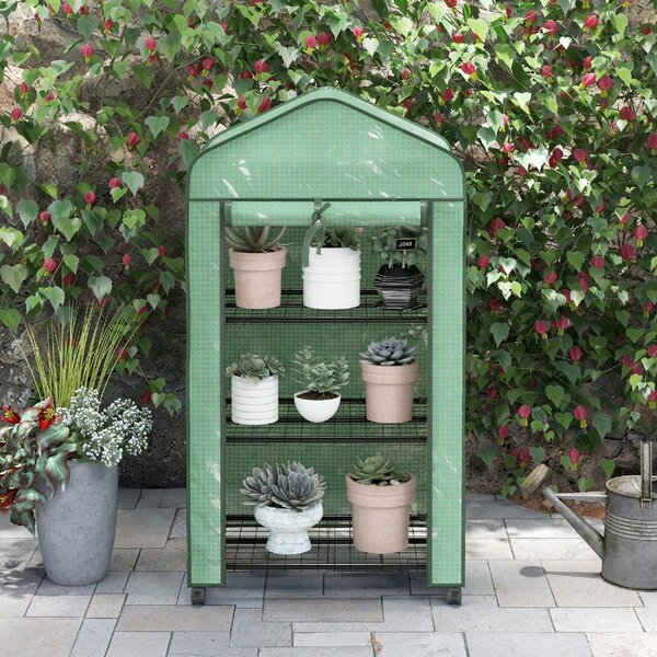 VivaGarden Mini Serra da Giardino con Copertura in PE 3 Ripiani e Ruote 69x49x130 cm colore Verde - 0GNAM232