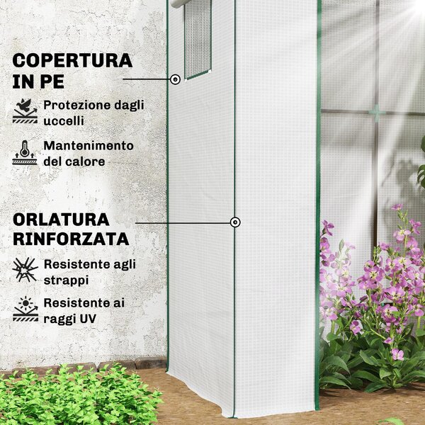 VivaGarden Mini Serra da Giardino per Piante con 2 Finestre Laterali a Rete e Ingresso Avvolgibile in PE e Acciaio 196x77x197 cm colore Bianco