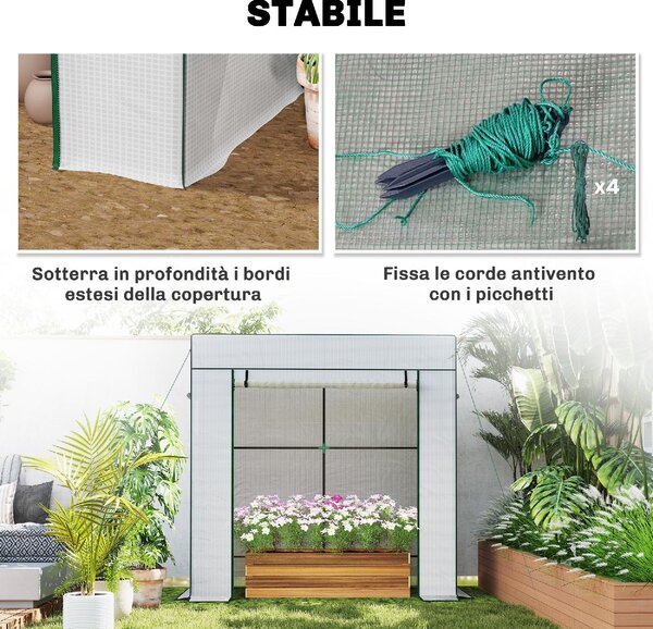 VivaGarden Mini Serra da Giardino per Piante con 2 Finestre Laterali a Rete e Ingresso Avvolgibile in PE e Acciaio 196x77x197 cm colore Bianco