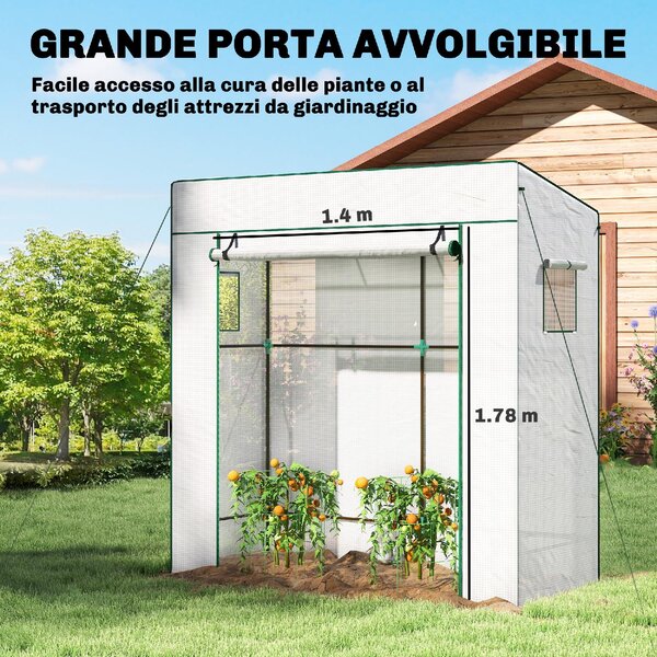 VivaGarden Mini Serra da Giardino per Piante con 2 Finestre Laterali a Rete e Ingresso Avvolgibile in PE e Acciaio 196x77x197 cm colore Bianco