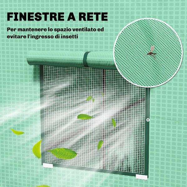 VivaGarden Mini Serra da Giardino per Piante con 2 Finestre Laterali a Rete e Ingresso Avvolgibile in PE e Acciaio 196x77x197 cm colore Verde