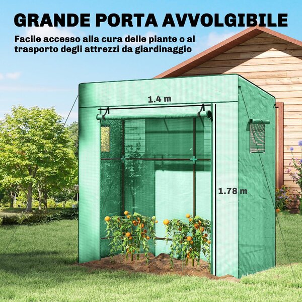 VivaGarden Mini Serra da Giardino per Piante con 2 Finestre Laterali a Rete e Ingresso Avvolgibile in PE e Acciaio 196x77x197 cm colore Verde