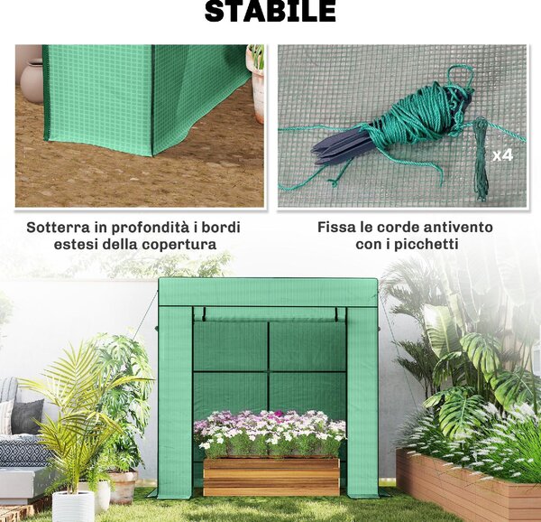 VivaGarden Mini Serra da Giardino per Piante con 2 Finestre Laterali a Rete e Ingresso Avvolgibile in PE e Acciaio 196x77x197 cm colore Verde