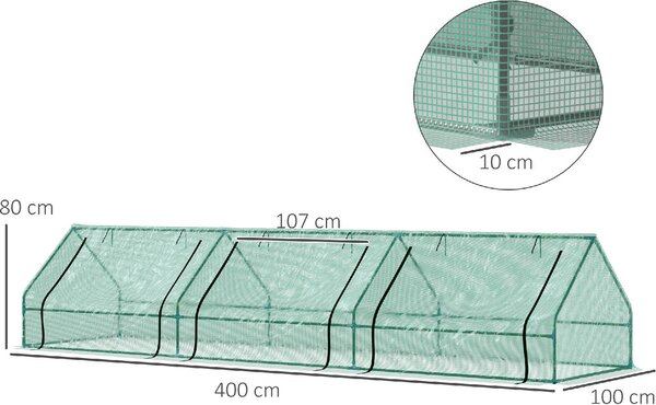 VivaGarden Mini Serra per Piante Impermeabile con 3 Ingressi Avvolgibili in Acciaio e PE 400x100x80 cm colore Verde - 1GNJ610