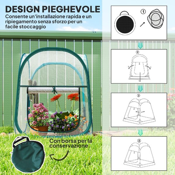 VivaGarden Mini Serra Pop Up con Copertura in Plastica Finestra Avvolgibile e Borsa 70x70x80 cm Trasparente - K671CR