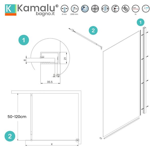 KAMALU - Box doccia walkin 50 cm cristallo trasparente | KW1000