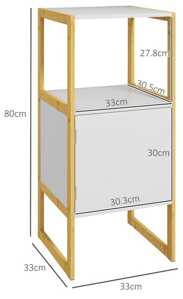 HOMCOM Mobile Bagno con Ripiano Aperto e Anta con Apertura a Pressione in Bambù e MDF, 33x33x80cm, Bianco|Aosom