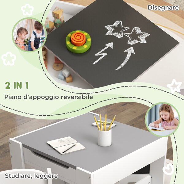 HOMCOM Set Tavolino per Bambini e 2 Sedie, Piano del Tavolo 2 in 1 con Lavagna e Contenitori, Grigio|Aosom