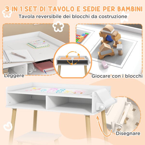 HOMCOM Set Tavolino e Sedie per Bambini, Piano del tavolo a 2 lati Reversibile e Rotolo di Carta, in MDF e legno, Bianco|Aosom Italy