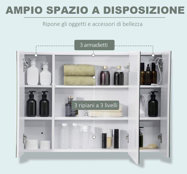 Kleankin Armadietto Specchiera da Bagno con 3 Armadietti, 3 Ripiani e Luce LED, 90x15x65 cm, Bianco|Aosom