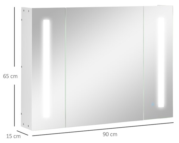 Kleankin Armadietto Specchiera da Bagno con 3 Armadietti, 3 Ripiani e Luce LED, 90x15x65 cm, Bianco|Aosom