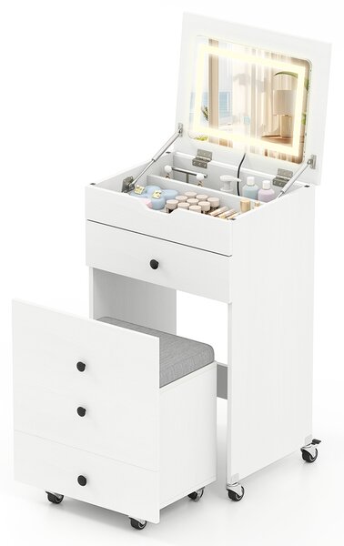 Costway Toeletta 3-in-1 specchio ribaltabile luci tavolo trucco cassetti, Toeletta sgabello imbottito contenitore compatta sedia ruote