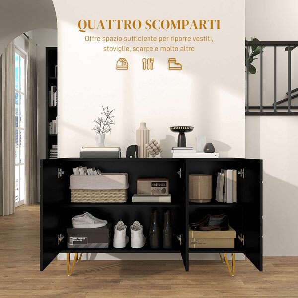 HOMCOM Mobile Contenitore con 2 Armadietti e Ripiano Regolabile, in Truciolato e Metallo, 120x40x75 cm, Nero e Oro|Aosom