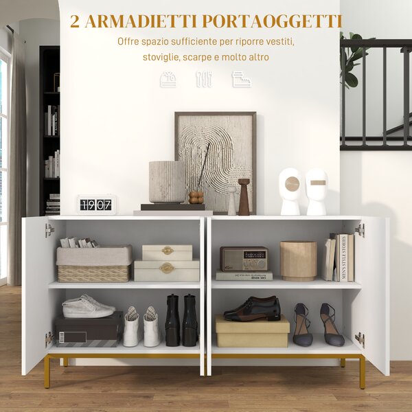 HOMCOM Credenza Moderna a righe verticali con 2 armadietti e 2 ante, Chiusura Ammortizzata e Mensole Regolabili, 140x40x75cm, Bianco e Oro|Aosom Italy