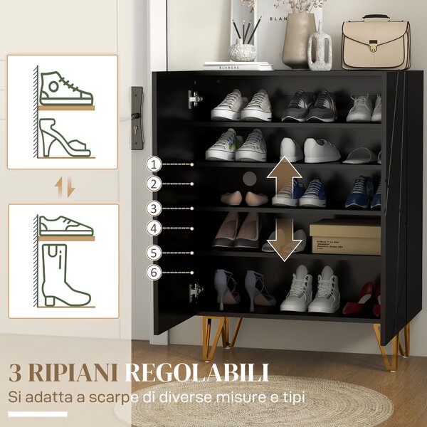 HOMCOM Scarpiera Ingresso a 2 Ante con 5 Ripiani per 15-20 Paia di Scarpe e Chiusura Ammortizzata, 72x31.5x95cm, in Legno e Acciaio, Nero|Aosom