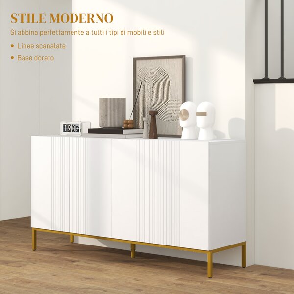 HOMCOM Credenza Moderna a righe verticali con 2 armadietti e 2 ante, Chiusura Ammortizzata e Mensole Regolabili, 140x40x75cm, Bianco e Oro|Aosom Italy