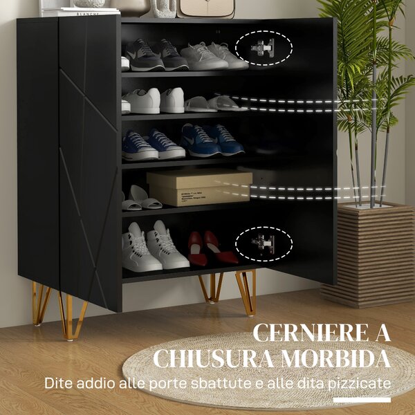 HOMCOM Scarpiera Ingresso a 2 Ante con 5 Ripiani per 15-20 Paia di Scarpe e Chiusura Ammortizzata, 72x31.5x95cm, in Legno e Acciaio, Nero|Aosom