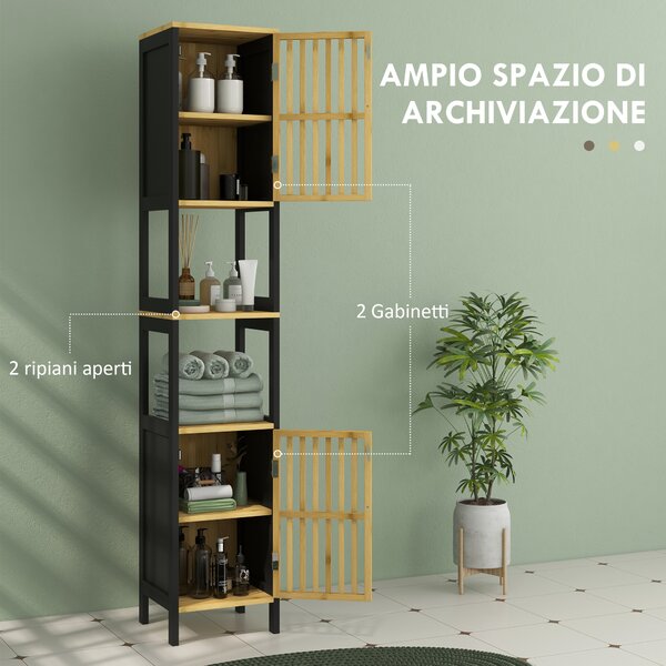 HOMCOM Mobiletto Bagno a Doghe con 2 Ripiani Aperti e 2 Armadietti, in MDF e Bambù, 32x30x172 cm, Nero e color Legno|Aosom