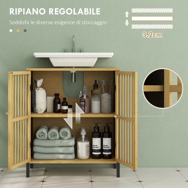 HOMCOM Mobile Sottolavabo Bagno con 2 Ante a Doghe in Legno di Bambù e MDF con Intaglio a U, 60x30x70cm|Aosom