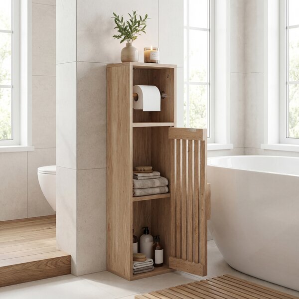 Costway Mobile da bagno salvaspazio con portarotolo carta igienica, Mobile a colonna con armadietto con ripiano regolabile per ingresso e soggiorno