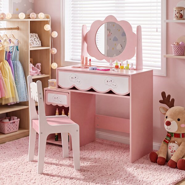 Costway Toeletta trucco bambina con sedia e specchio girevole, Tavolo da toeletta con ampio piano 2 cassetti 2 scomparti e ripiano regolabile per cameretta