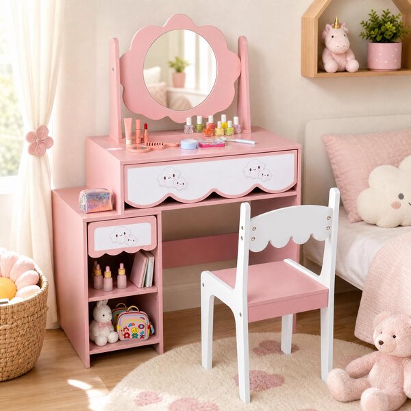 Costway Toeletta trucco bambina con sedia e specchio girevole, Tavolo da toeletta con ampio piano 2 cassetti 2 scomparti e ripiano regolabile per cameretta