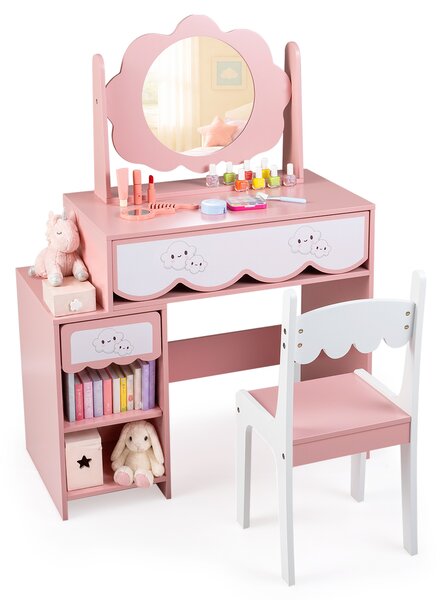 Costway Toeletta trucco bambina con sedia e specchio girevole, Tavolo da toeletta con ampio piano 2 cassetti 2 scomparti e ripiano regolabile per cameretta