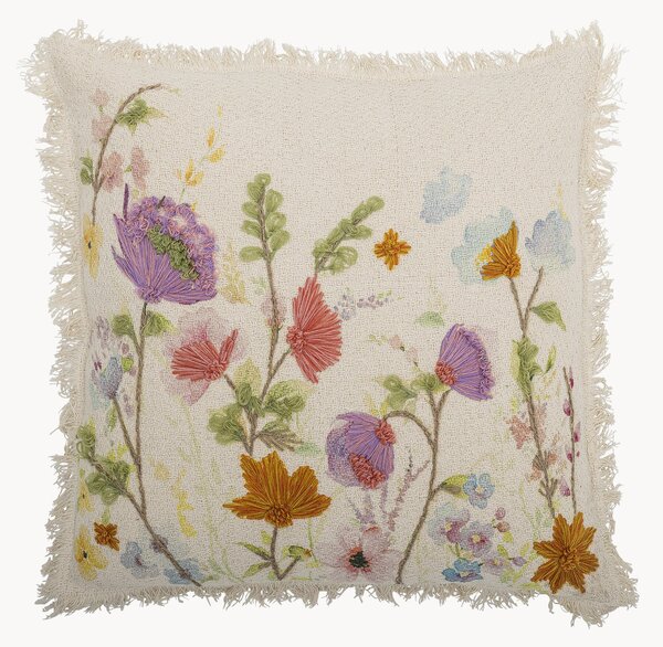 Cuscino in cotone ricamato con frange Pogni