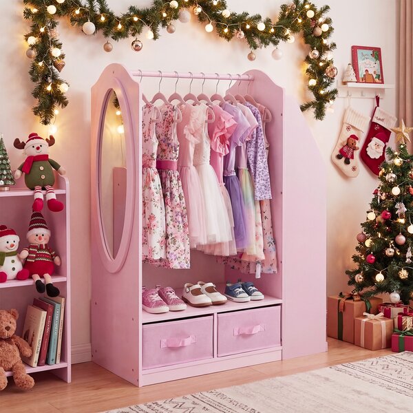 Costway Guardaroba per bambini con specchio acrilico scomparto aperto, Armadio per bambini con 4 cassetti in tessuto pieghevoli Rosa