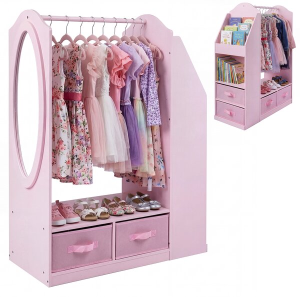 Costway Guardaroba per bambini con specchio acrilico scomparto aperto, Armadio per bambini con 4 cassetti in tessuto pieghevoli Rosa