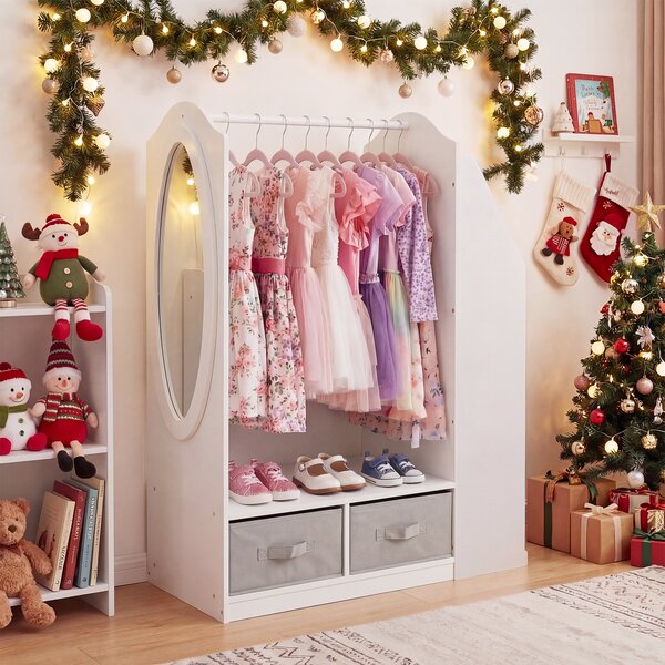 Costway Guardaroba per bambini con specchio acrilico scomparto aperto, Armadio per bambini con 4 cassetti in tessuto pieghevoli Bianco
