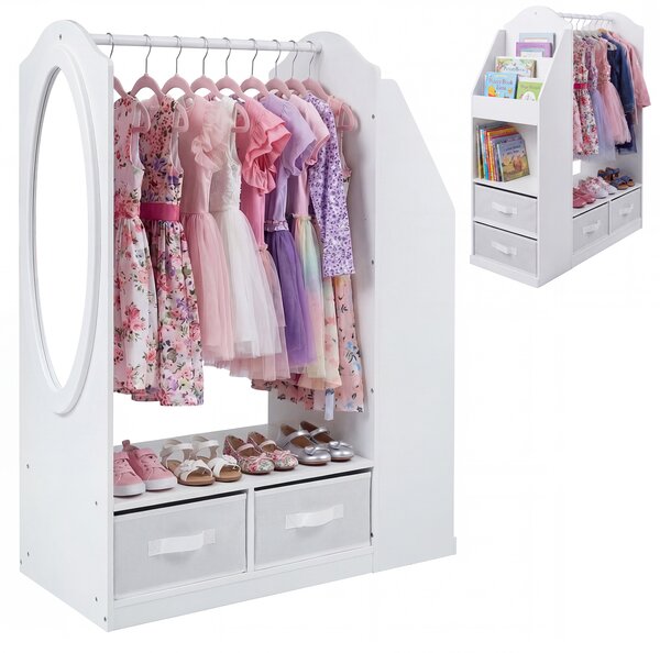Costway Guardaroba per bambini con specchio acrilico scomparto aperto, Armadio per bambini con 4 cassetti in tessuto pieghevoli Bianco