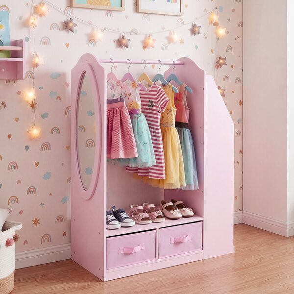Costway Guardaroba per bambini con specchio acrilico scomparto aperto, Armadio per bambini con 4 cassetti in tessuto pieghevoli Rosa