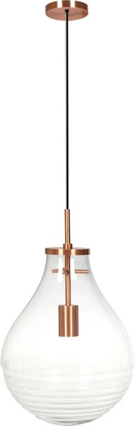 Lampada a sospensione Padiro, dimensioni 37,7 x 37,7 x 50 cm, trasparente e color rame, realizzata in vetro, con forma che ricorda una lampadina