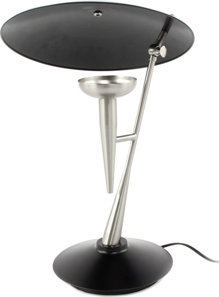 Lampada da tavolo Padiro, dimensioni 36 x 36 x 50 cm, colore argento e nero, realizzata in ferro, con paralume in metallo inclinato a forma di segmento