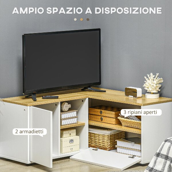 DecHome Mobile TV Angolare Moderno 2 Ante 3 Vani a Giorno Dimensioni 90x90x45 cm colore Bianco/Legno
