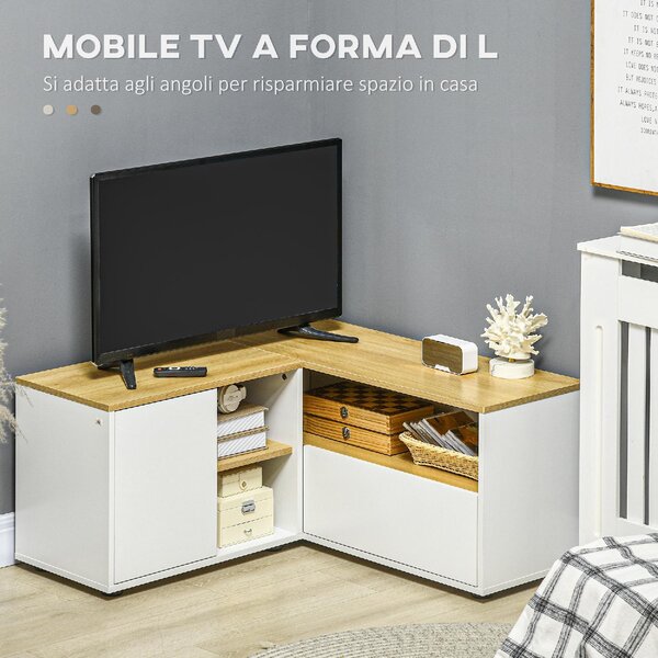 DecHome Mobile TV Angolare Moderno 2 Ante 3 Vani a Giorno Dimensioni 90x90x45 cm colore Bianco/Legno