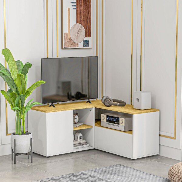 DecHome Mobile TV Angolare Moderno 2 Ante 3 Vani a Giorno Dimensioni 90x90x45 cm colore Bianco/Legno