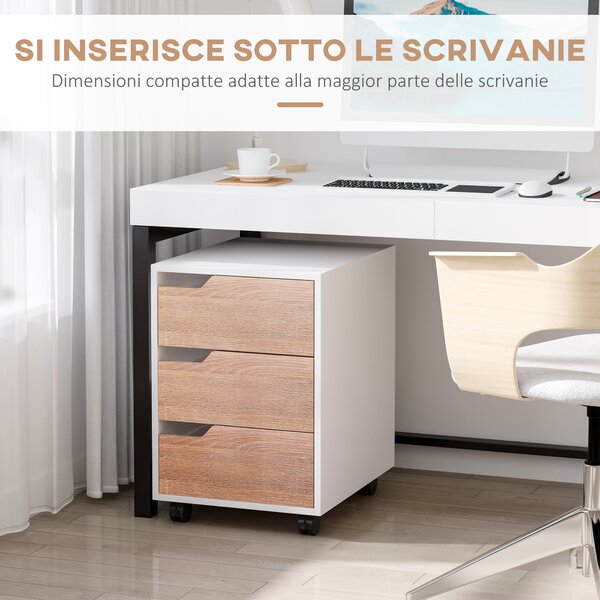 HOMCOM Comodino Ufficio Portadocumenti, 3 Cassetti su Ruote A 360°, Rotaie Metallo, MDF - Bianco, 31x37x72cm|Aosom