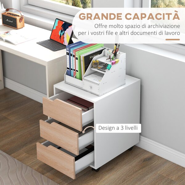 HOMCOM Comodino Ufficio Portadocumenti, 3 Cassetti su Ruote A 360°, Rotaie Metallo, MDF - Bianco, 31x37x72cm|Aosom