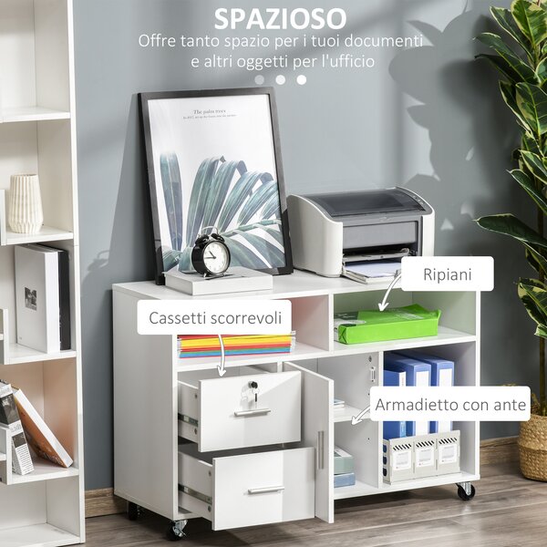HOMCOM Mobiletto Multiuso minimalista per stampante, Ufficio e Casa con Cassetti di chiave e 4 ruote, 100x35x65cm, Bianco | Aosom Italy