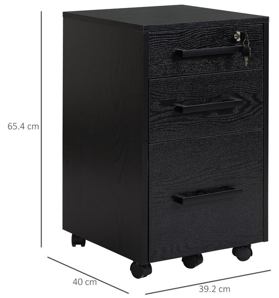 HOMCOM Cassettiera Portadocumenti da Ufficio con 3 Cassetti, 5 Ruote, Nero, 39.2 x 40 x 65.4cm