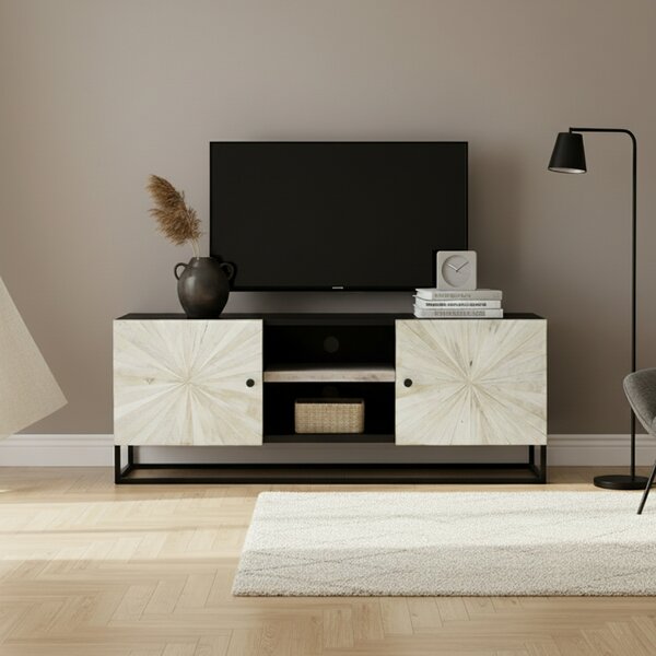 DecHome Mobile TV Industriale 2 Ante 2 Vani a Giorno in Legno Dimensioni 140x46x56 cm colore Nero/Beige
